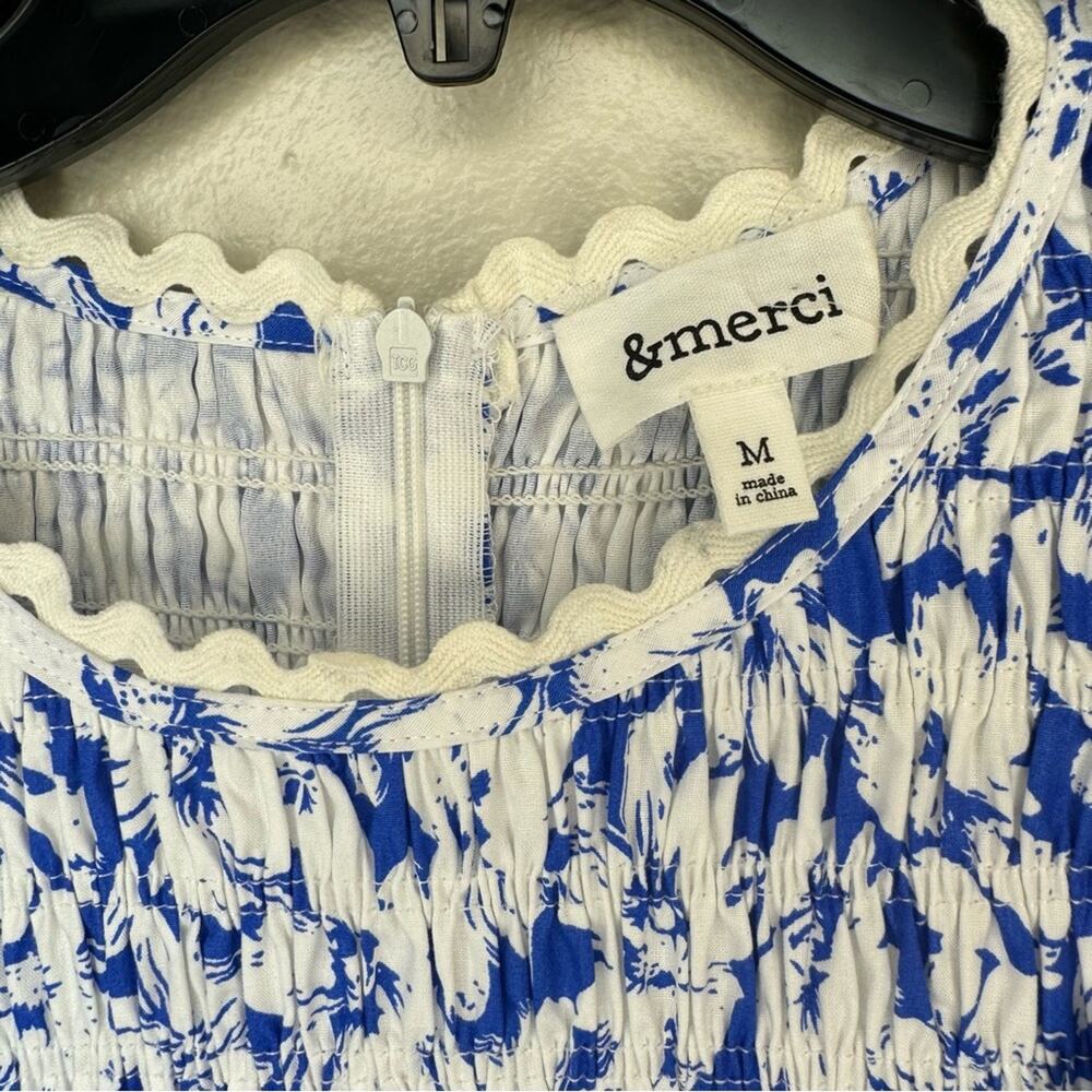 &MERCI White and Blue Floral Summer Dress Ruffle Sleeves Pockets Womens Medium - Picture 4 of 8